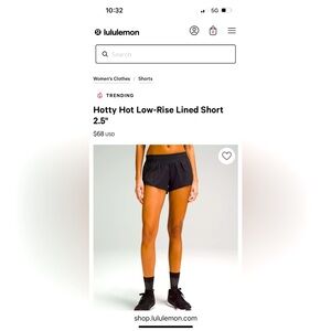 Lululemon Hotty Hot Low-Rise Short 2.5”, Size 4, Black